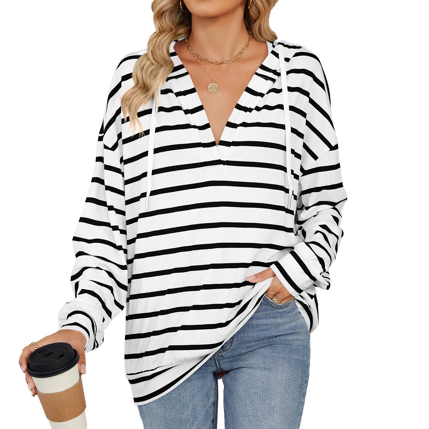 Hoodie With Drawstrings Striped Top