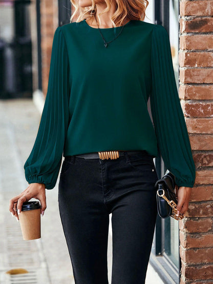 Women's Long-sleeved Shirt Round Neck Retro Solid Color