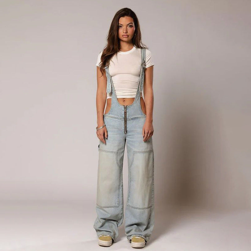 Y2K Zipper Denim Suspender Jumpsuit