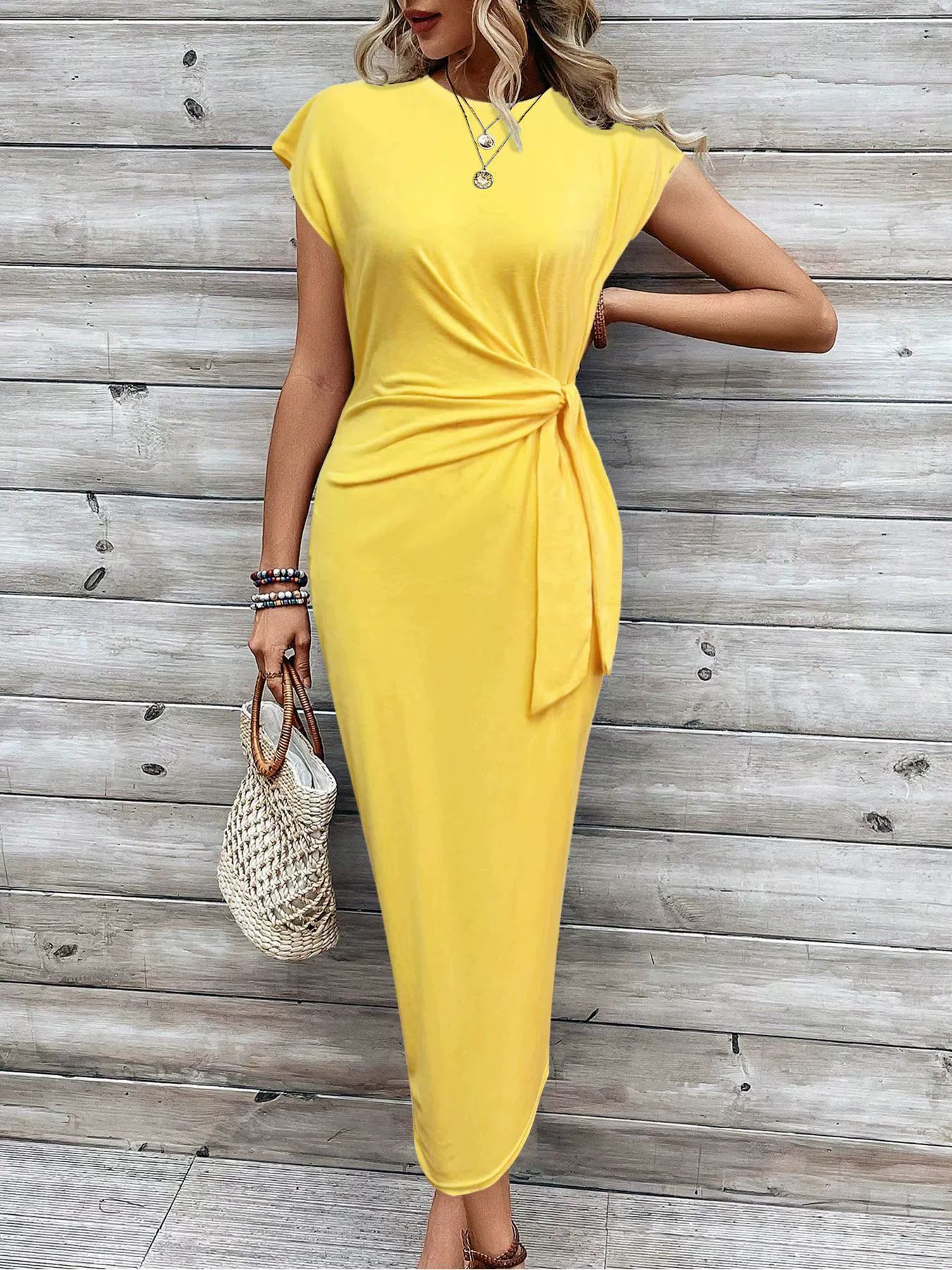 Waist Strap Striped Round Neck Short Sleeve And Long Pattern Dress