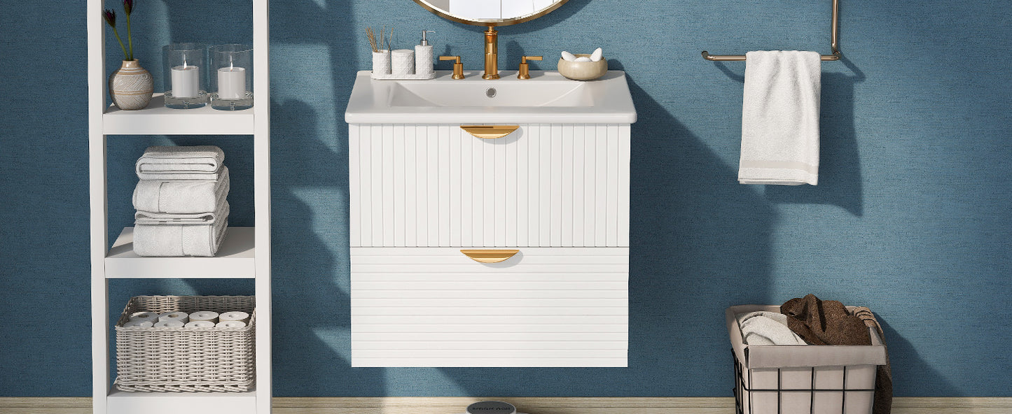 Modern 24-Inch Wall-Mounted Bathroom vanity with 2 Drawers, White - Ideal for Small Bathrooms