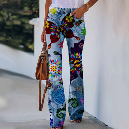 Summer New Flower-bird Print Women's Trousers