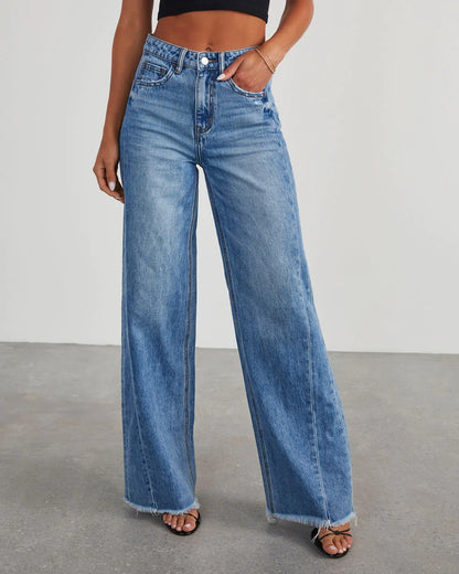Loose wide leg side seam splicing, brushed hem denim jeans