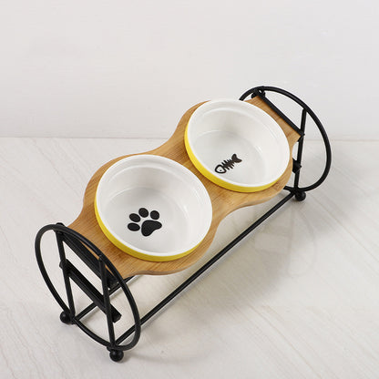 Bamboo And Wood High-foot Double Ceramic Cat Bowl