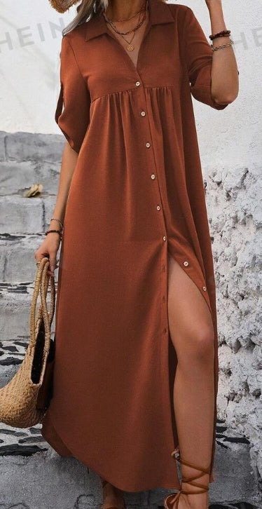 Women's Solid Color Roll-Up Sleeve Long Shirt Dress With Front Buttons