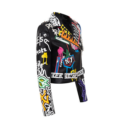 Printed Hit Color Motorcycle Leather Jacket