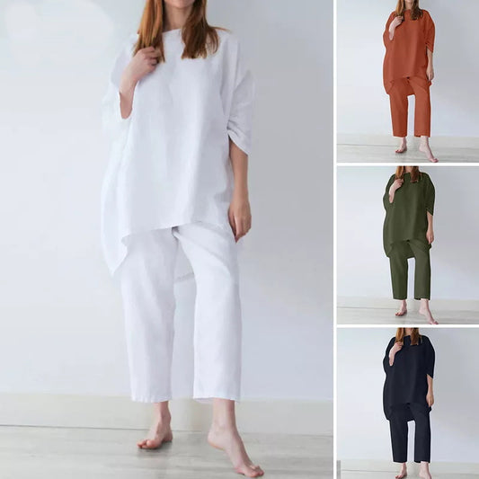 Women's Loose Fitting Fashion Casual Cotton And Linen Two Sets