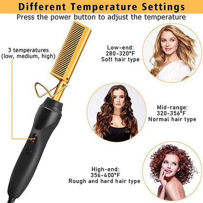 19 Counts Electric Hot Comb Hair Straightener, Deluxe Electrical Straightening Comb Curling Iron For Natural Black Hair Wigs Pressing Combs With Melting Spray Wig Glue Hair Wax Stick Set Haircare Heat