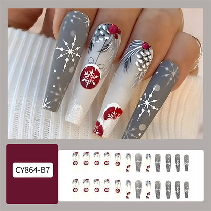 24pcs Christmas False Nails Hat Striped Snowflake Nail Art Stickers For Parties Dances Or Holiday Wear