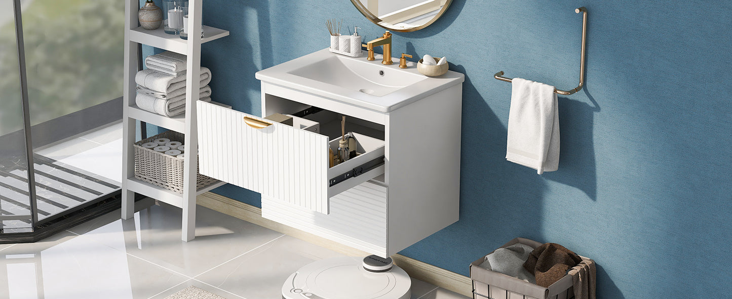 Modern 24-Inch Wall-Mounted Bathroom vanity with 2 Drawers, White - Ideal for Small Bathrooms