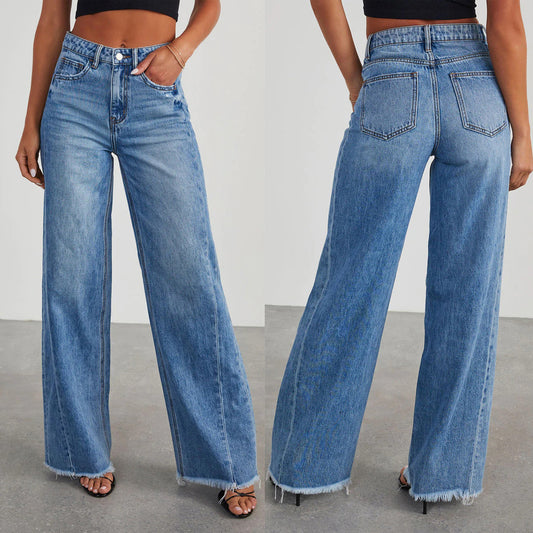 Loose wide leg side seam splicing, brushed hem denim jeans