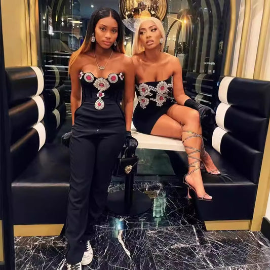 Exquisite sparkling diamond sexy low cut strapless jumpsuit