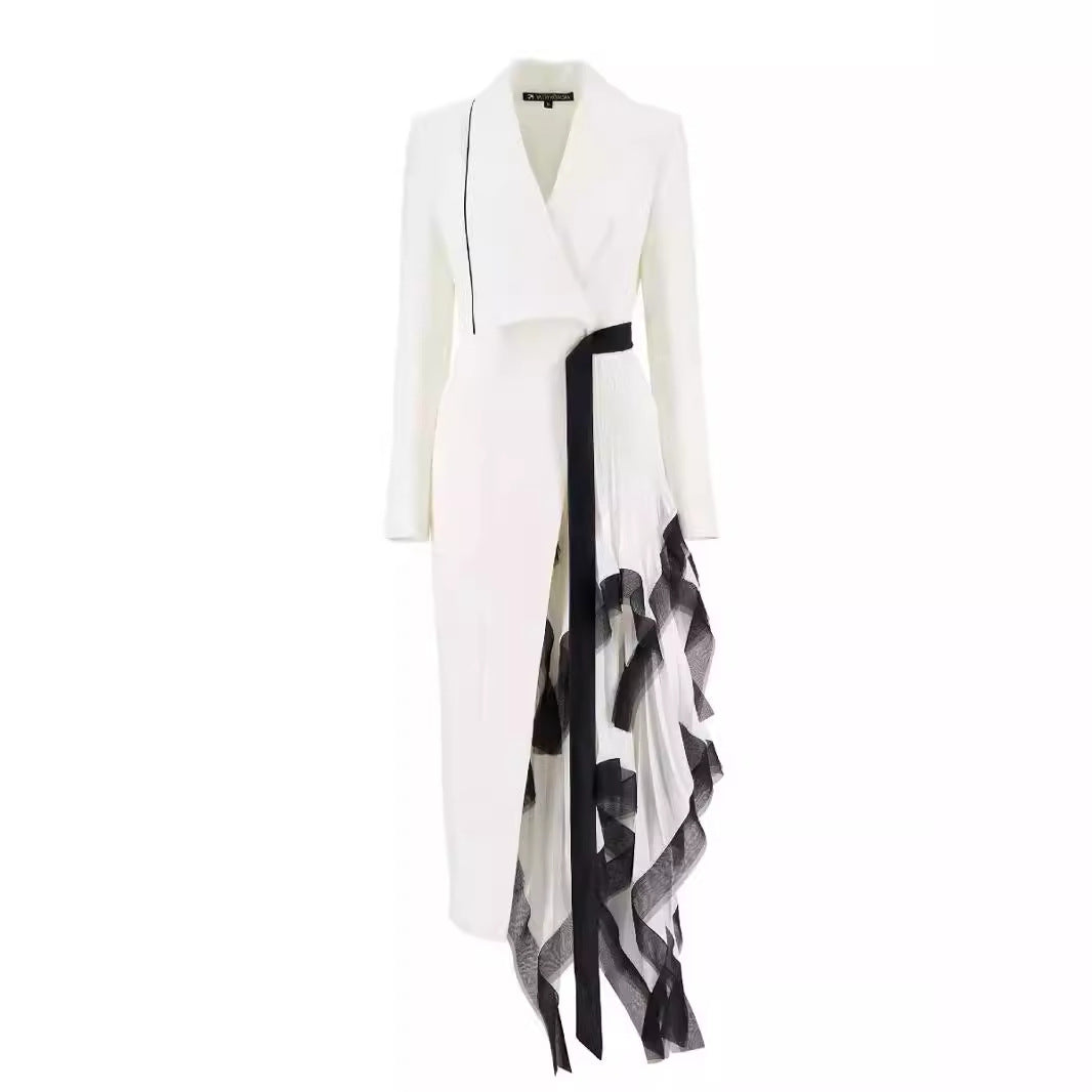 Asymmetric pleated loose mouth ruffle edge contrasting long suit jacket