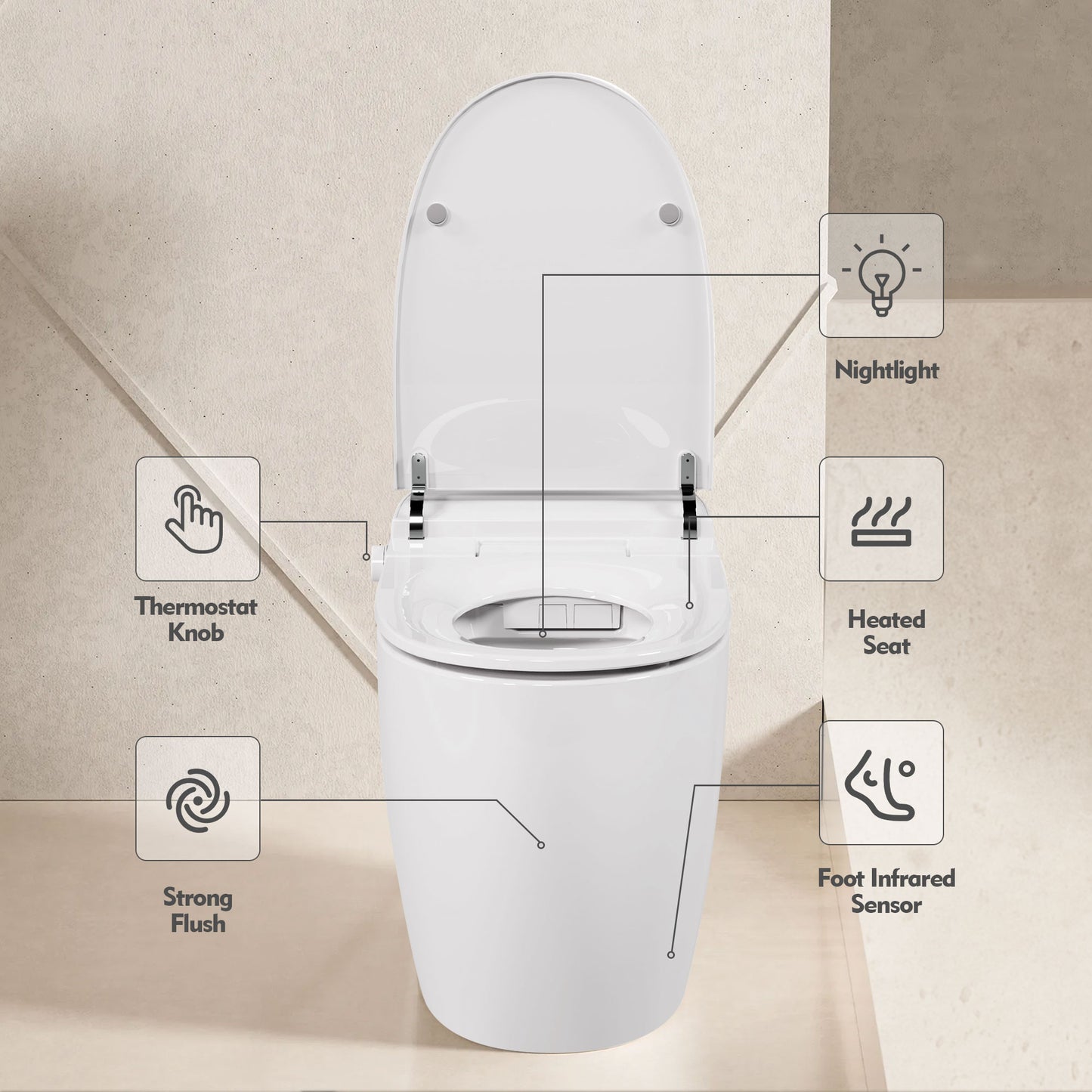 Heated seat intelligent toilet, integrated toilet, automatic flushing water tank toilet, with foot sensor flushing, white night