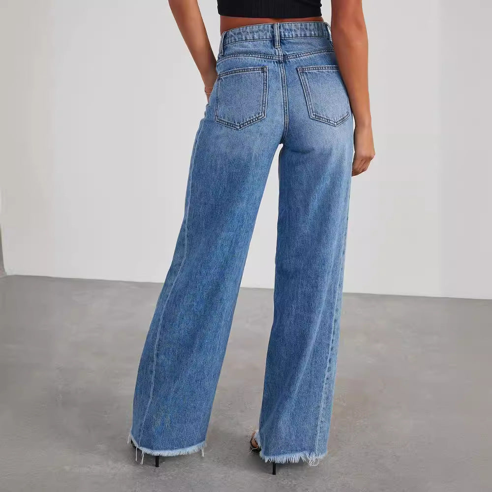 Loose wide leg side seam splicing, brushed hem denim jeans