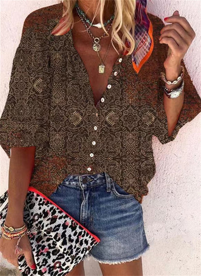 Women's Fashion Stand Collar Loose Button Vintage Printed Casual Shirt