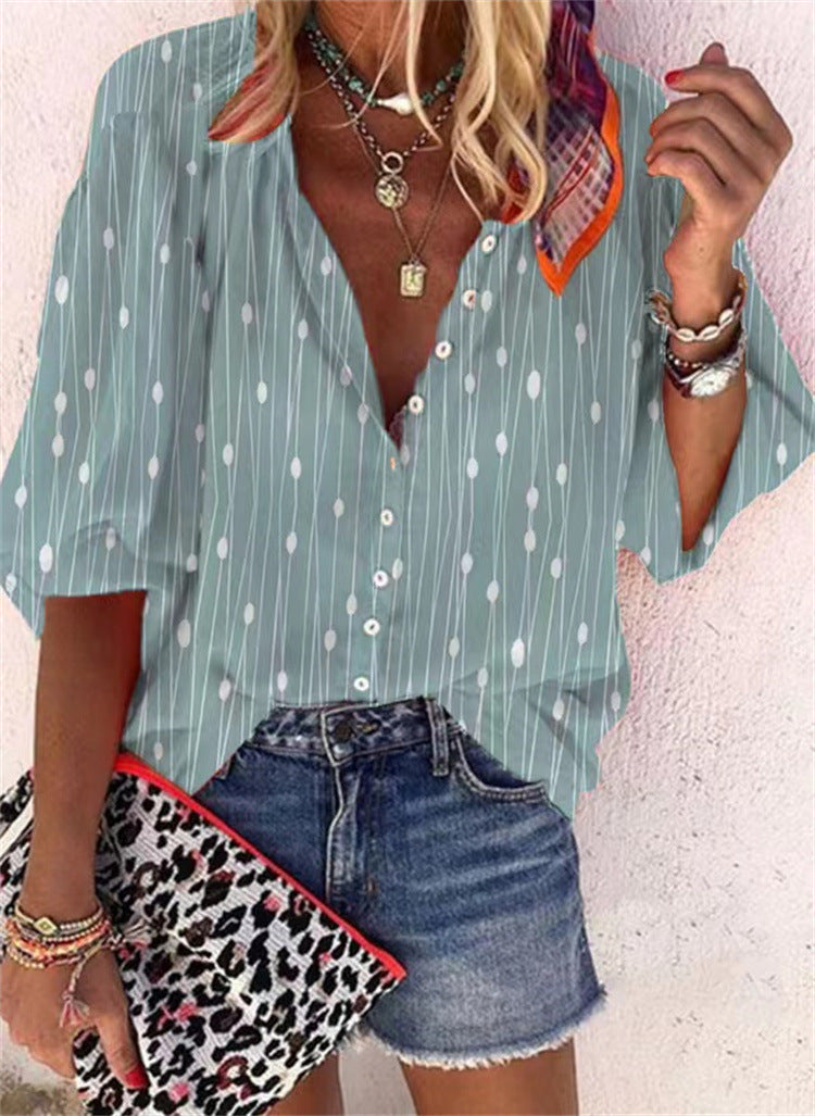 Women's Fashion Stand Collar Loose Button Vintage Printed Casual Shirt