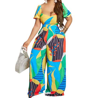 Women's Fashion Printing Short-sleeved Jumpsuit