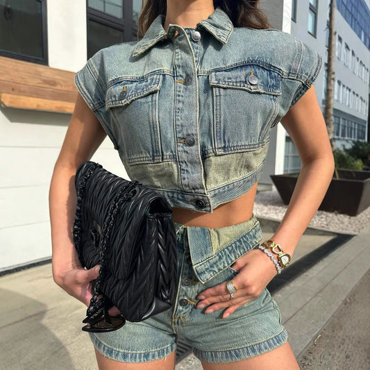 Casual Denim Color Matching Two-piece Shorts Set