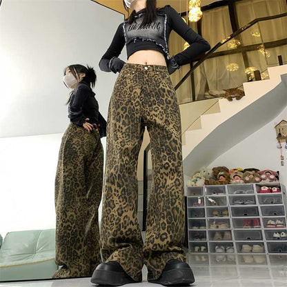 Women's American-style Vintage Leopard Print Wide-leg Jeans