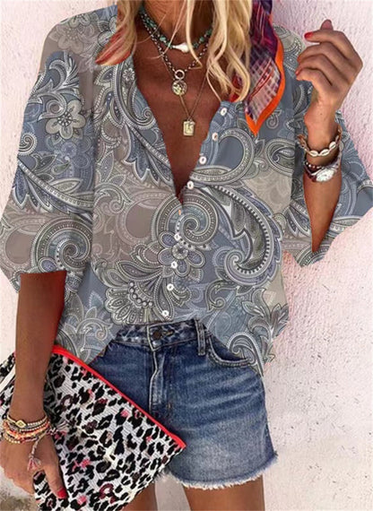 Women's Fashion Stand Collar Loose Button Vintage Printed Casual Shirt