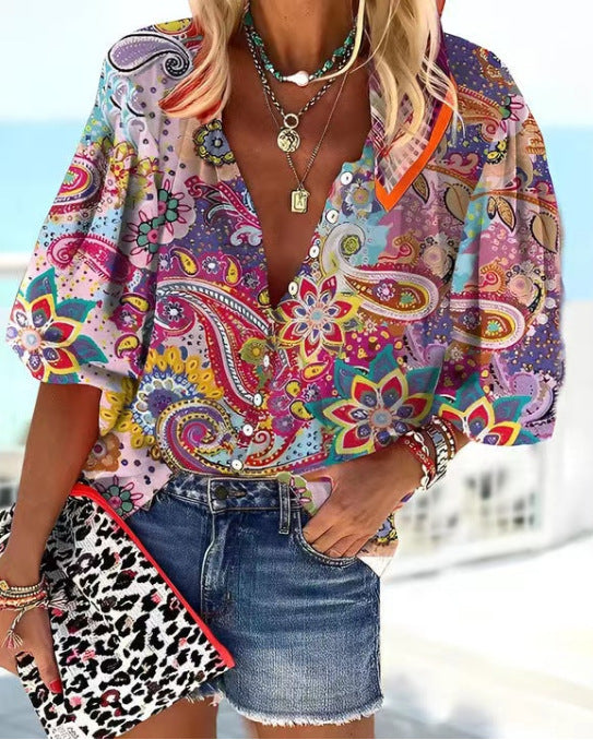 Women's Fashion Stand Collar Loose Button Vintage Printed Casual Shirt