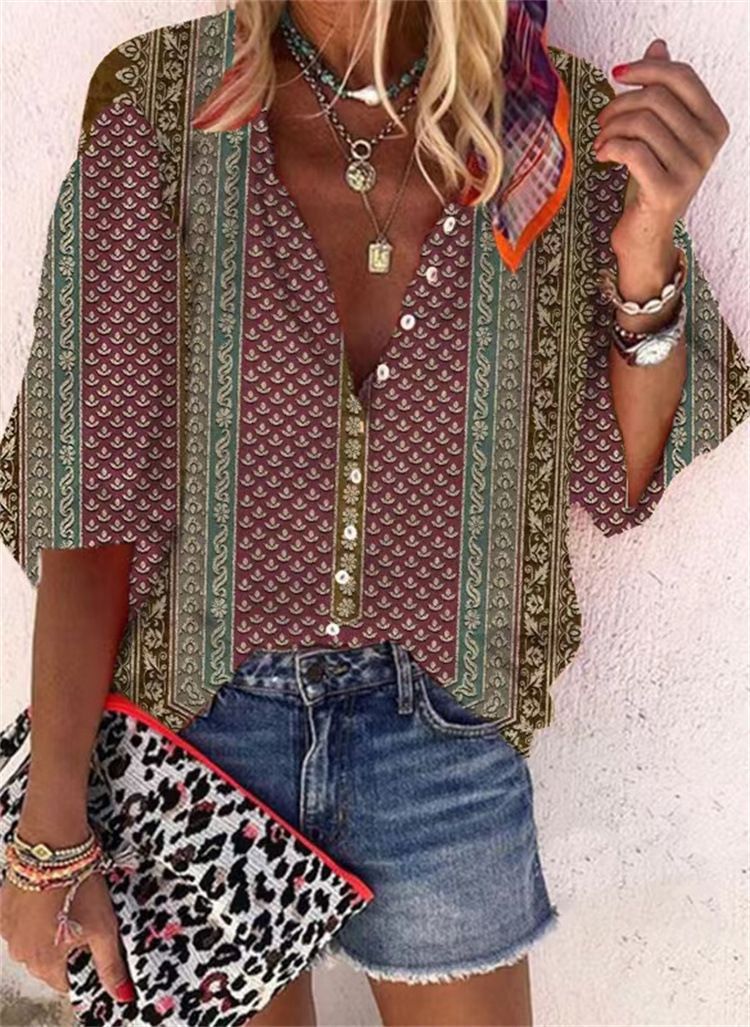 Women's Fashion Stand Collar Loose Button Vintage Printed Casual Shirt