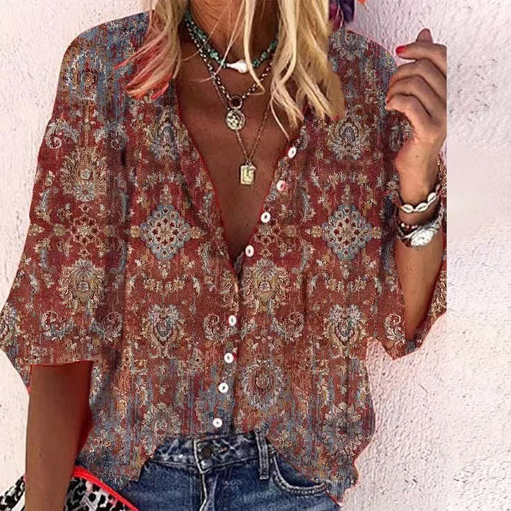 Women's Fashion Stand Collar Loose Button Vintage Printed Casual Shirt