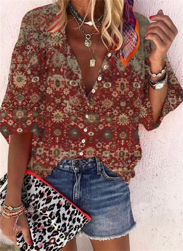 Women's Fashion Stand Collar Loose Button Vintage Printed Casual Shirt