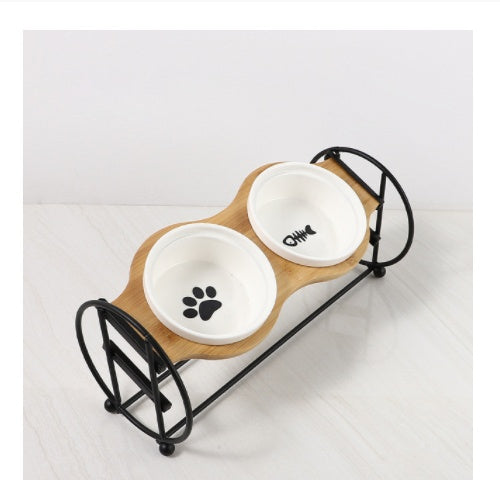 Bamboo And Wood High-foot Double Ceramic Cat Bowl