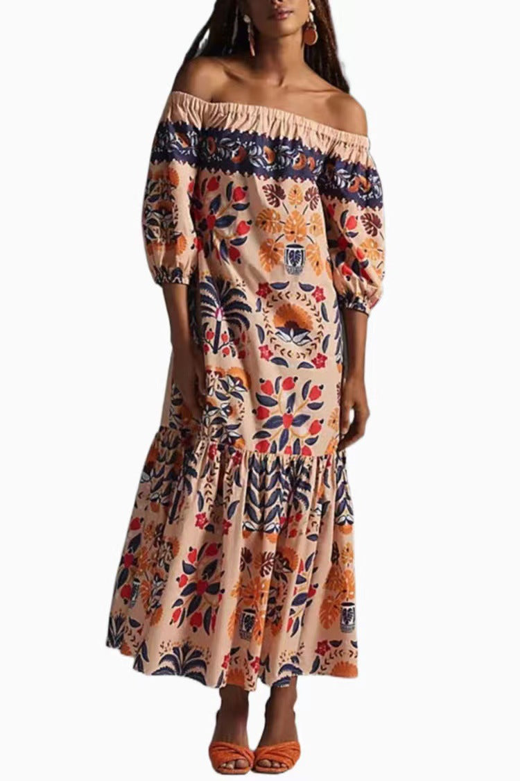 Women's Summer Vintage Printing Loose Pockets Dress