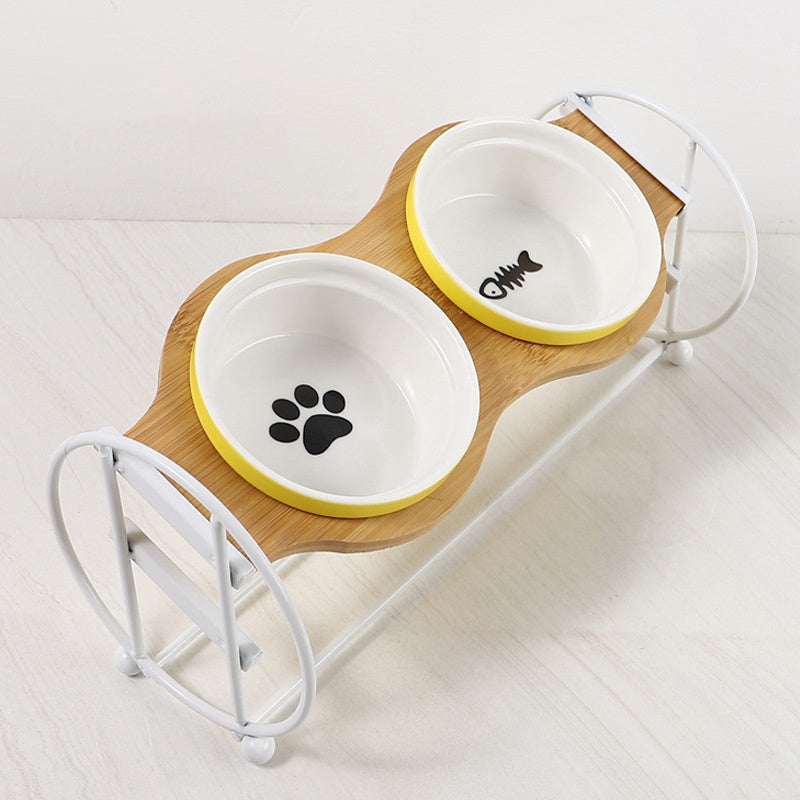 Bamboo And Wood High-foot Double Ceramic Cat Bowl