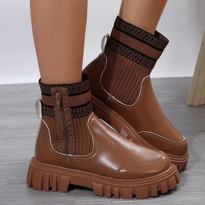 Fashion Mid-tube Boots With Zipper Design Non-slip Thick Sole Elastic Knitted Patchwork Boots