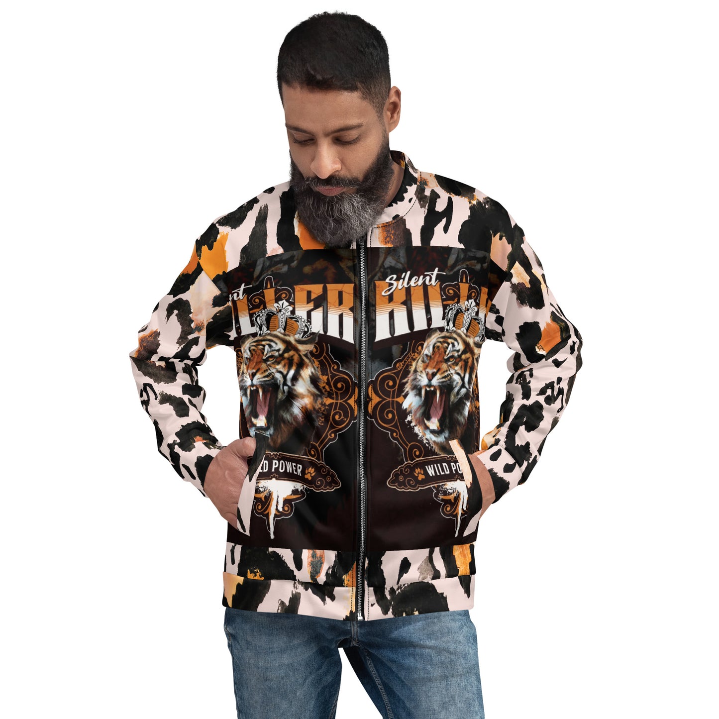 Tiger Print Unisex Bomber Jacket/Created with kittl.com