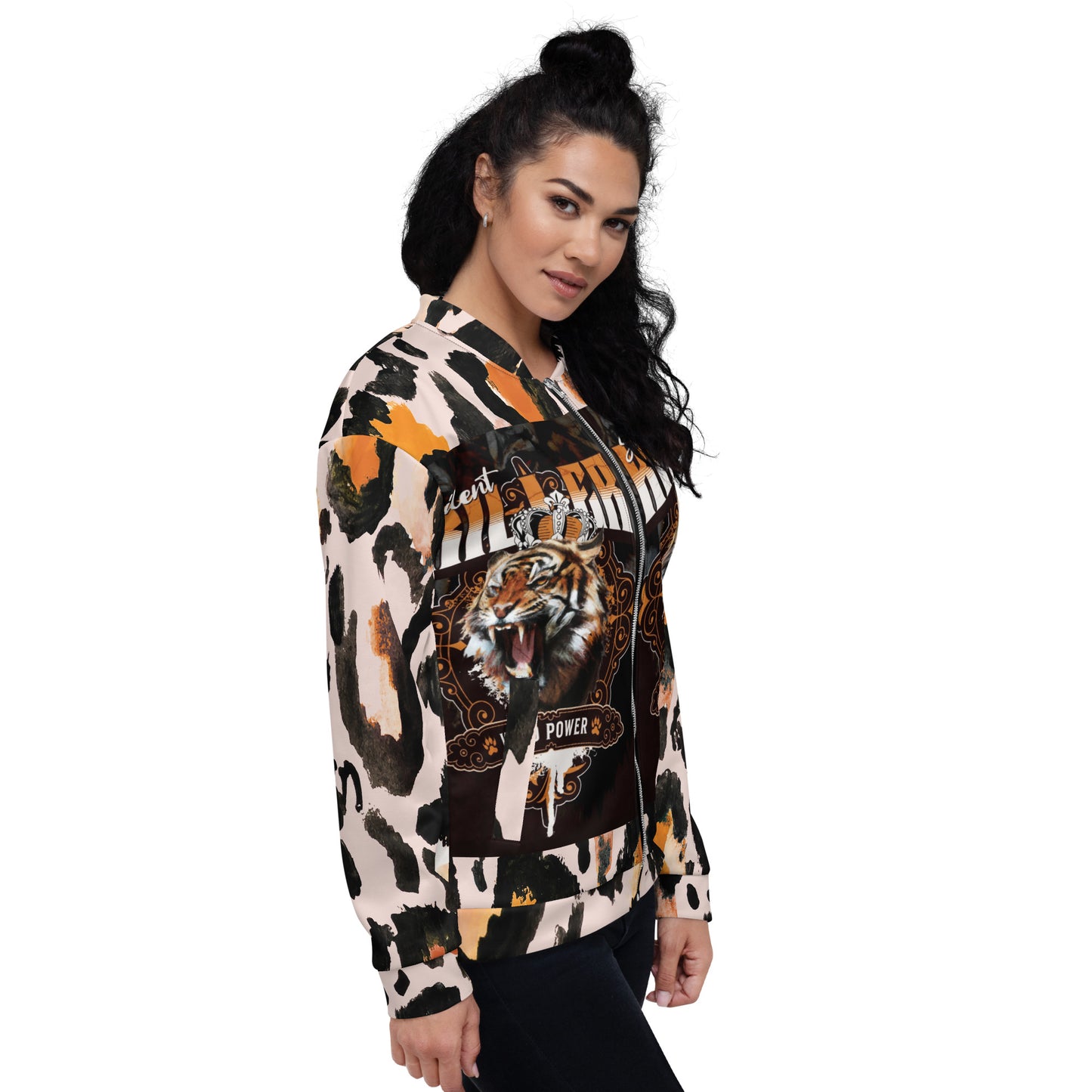 Tiger Print Unisex Bomber Jacket/Created with kittl.com