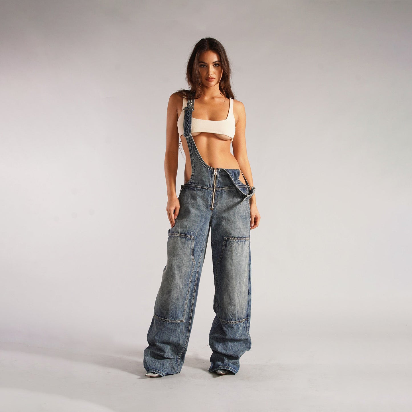 Y2K Zipper Denim Suspender Jumpsuit