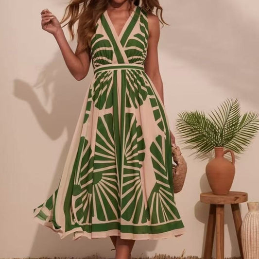 V-neck Positioning Printing Backless Dress