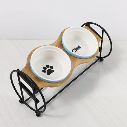 Bamboo And Wood High-foot Double Ceramic Cat Bowl