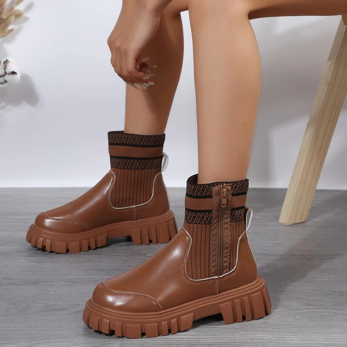 Fashion Mid-tube Boots With Zipper Design Non-slip Thick Sole Elastic Knitted Patchwork Boots