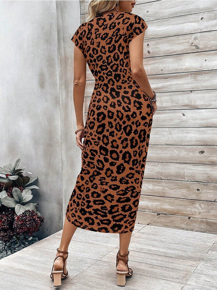 Waist Strap Striped Round Neck Short Sleeve And Long Pattern Dress