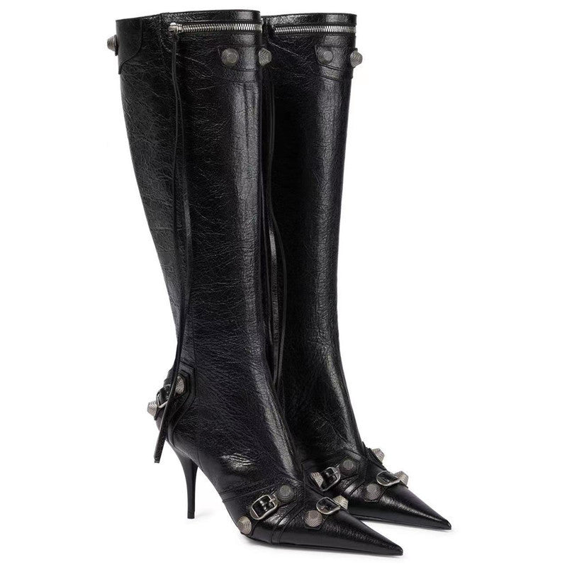 Button Knee High Pointed Toe Boots