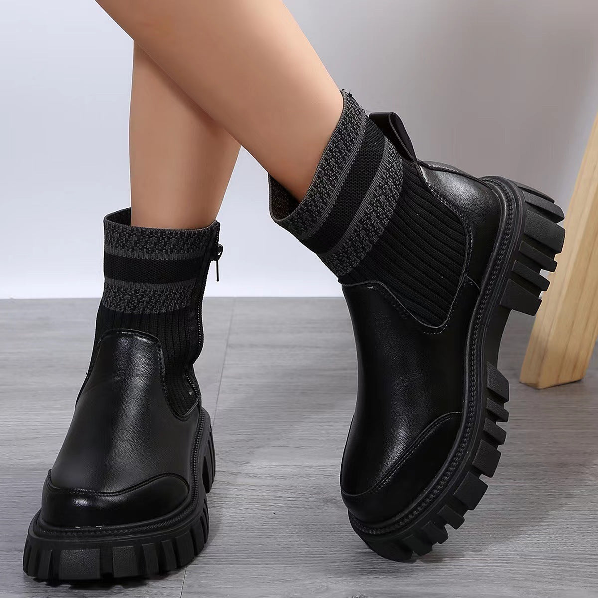 Fashion Mid-tube Boots With Zipper Design Non-slip Thick Sole Elastic Knitted Patchwork Boots