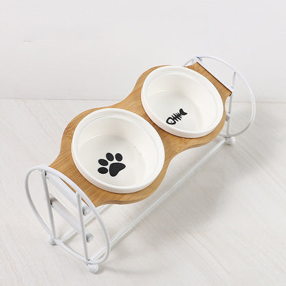 Bamboo And Wood High-foot Double Ceramic Cat Bowl