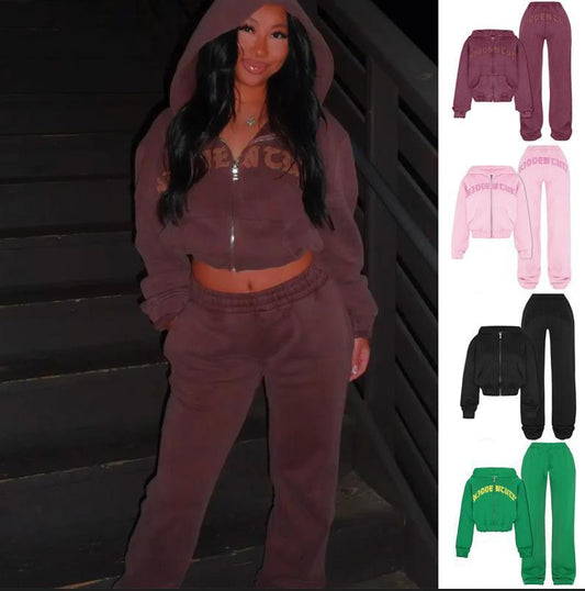 Ins Letter Sports Hooded Cropped Sweatshirt  And Loose Drawstring Trousers