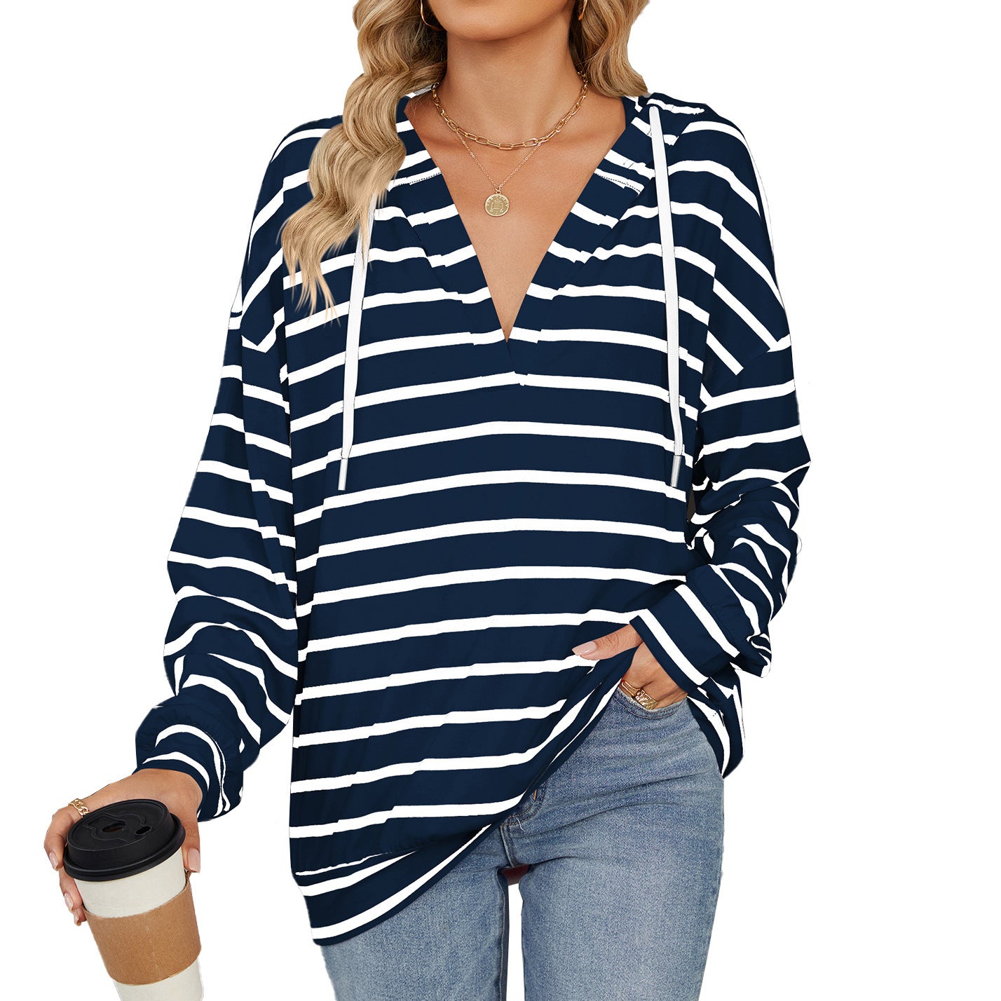 Hoodie With Drawstrings Striped Top