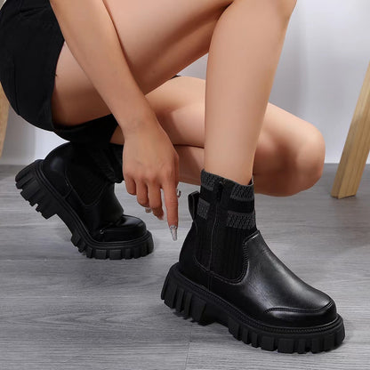 Fashion Mid-tube Boots With Zipper Design Non-slip Thick Sole Elastic Knitted Patchwork Boots