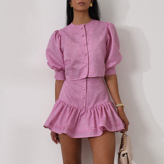 Puff Sleeve Short Top Patchwork A- Line Skirt Two-piece Set