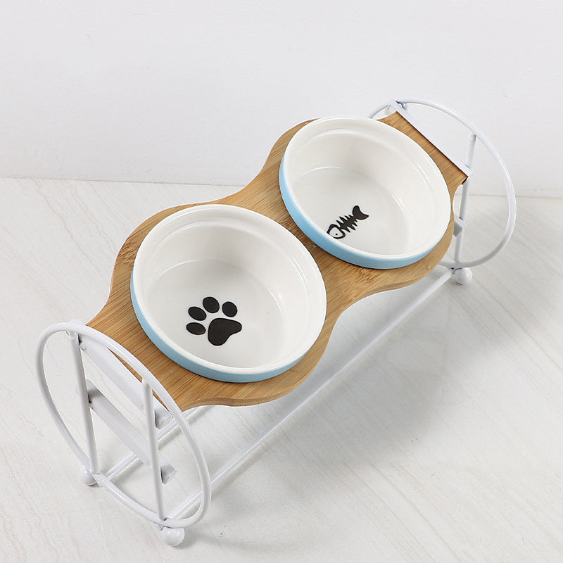 Bamboo And Wood High-foot Double Ceramic Cat Bowl