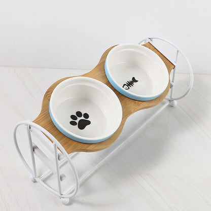 Bamboo And Wood High-foot Double Ceramic Cat Bowl