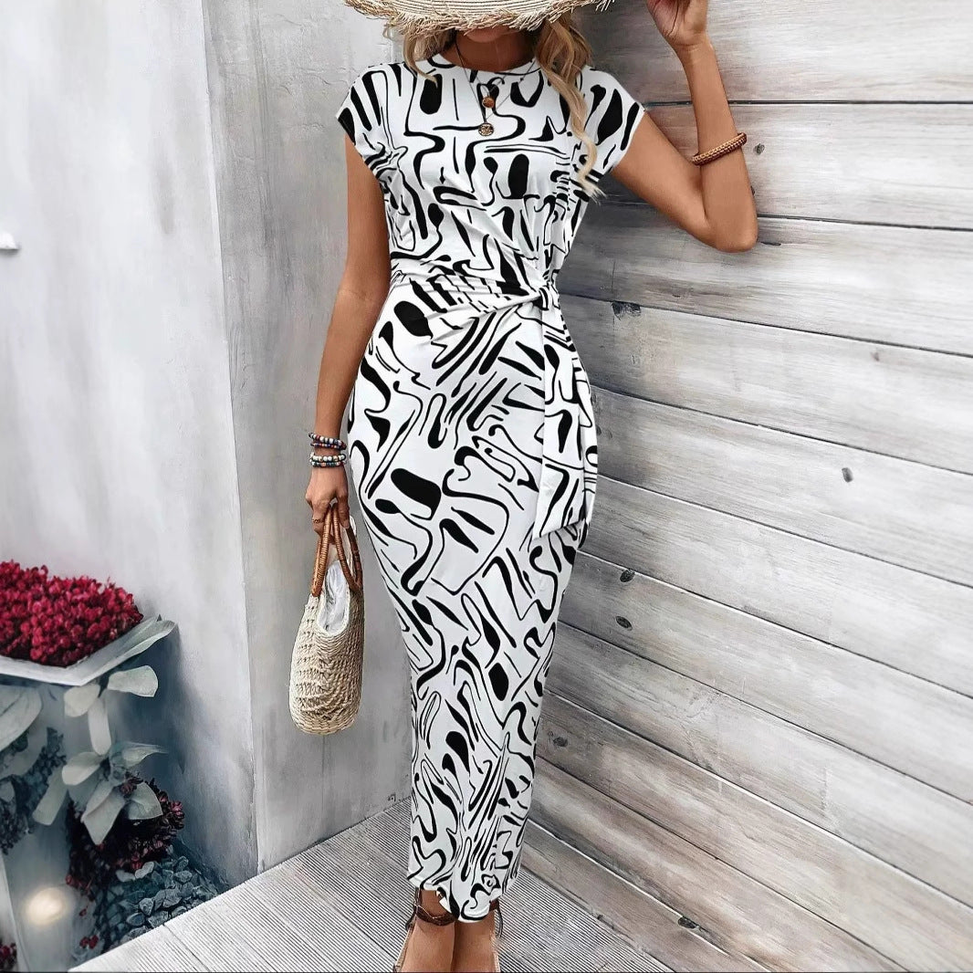 Waist Strap Striped Round Neck Short Sleeve And Long Pattern Dress